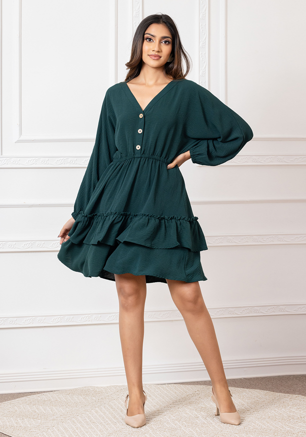 DARK GREEN AMY BALLOON SLEEVE DRESS